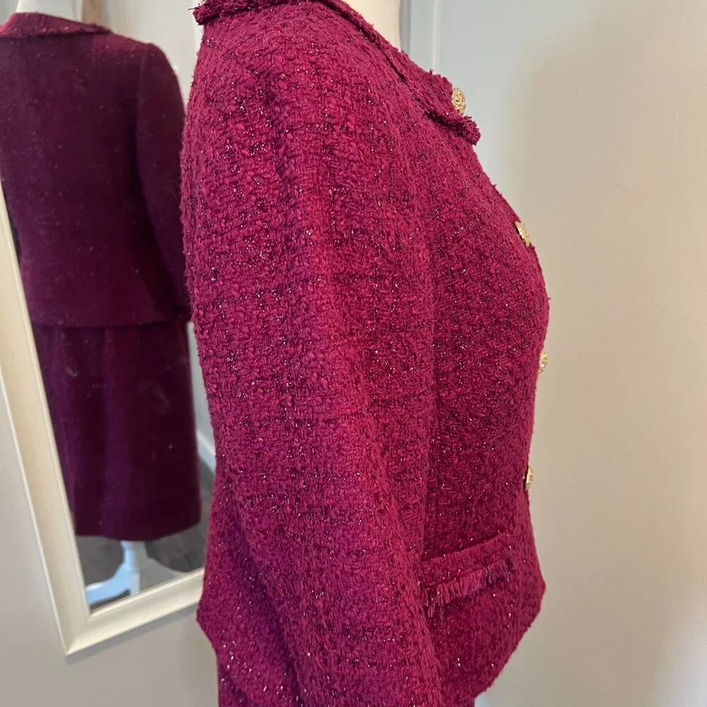 Tahari ASL Magenta Metallic Tweed Skirt Suit with Fringe Detail, Size 10 - Picture 10 of 16